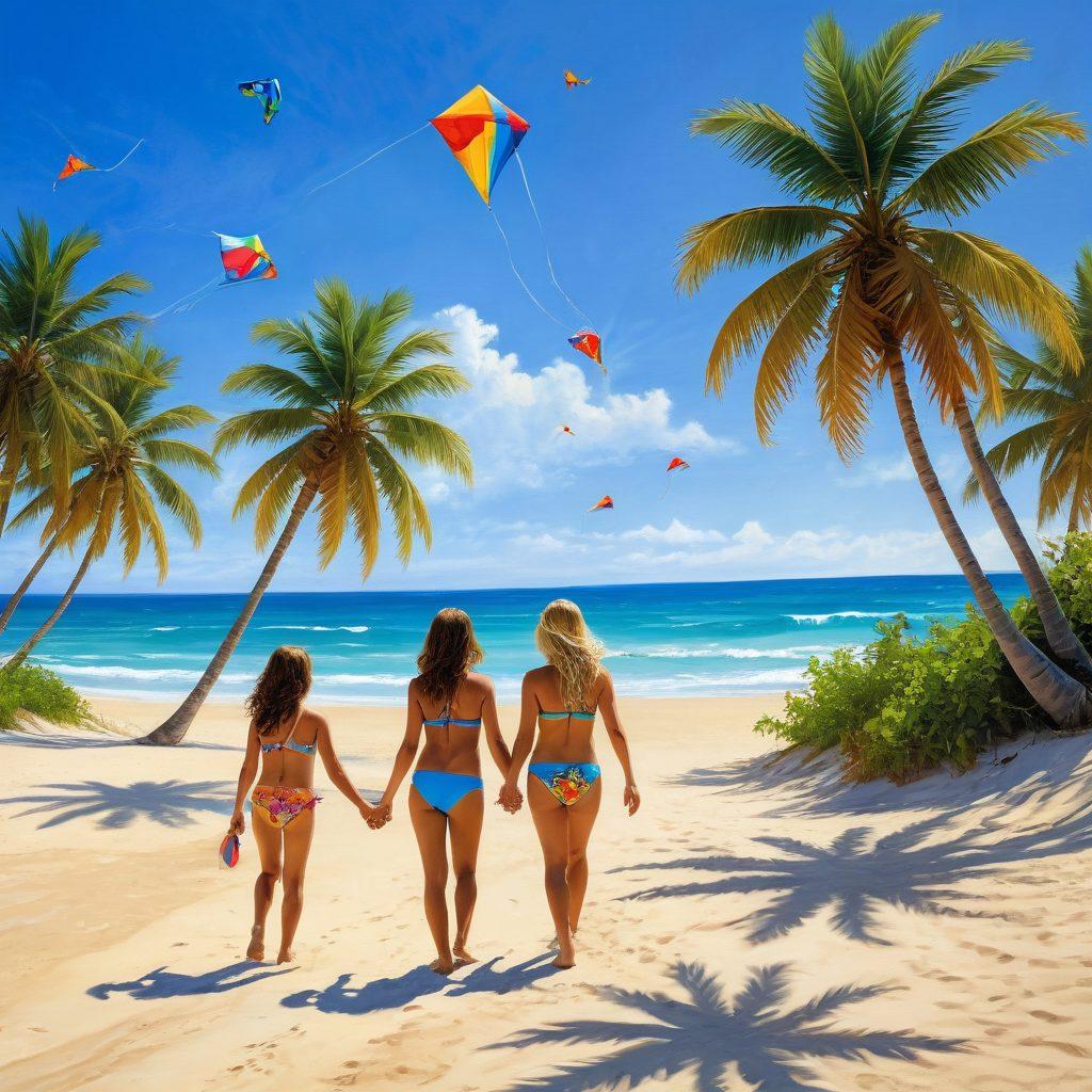 A sun-soaked beach scene featuring stylish bikinis in vibrant colors on sunbathers, colorful kites soaring high in a clear blue sky, children playing in the sand, and palm trees swaying gently in the breeze. The atmosphere radiates joy and summer vibes, inviting the viewer to embrace the beach lifestyle. super-realistic. vibrant colors. cheerful summer theme.