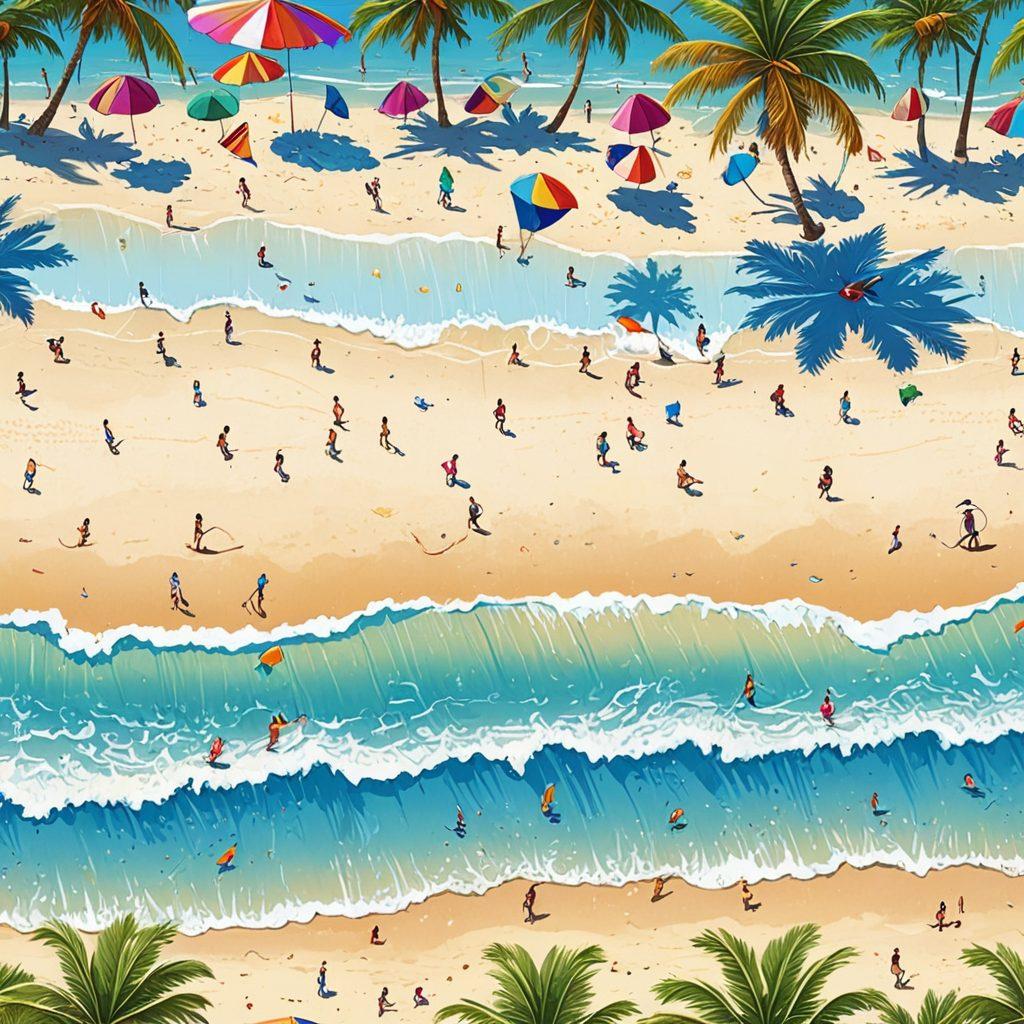 A vibrant beach scene with people flying colorful kites of various shapes and designs against a bright blue sky. Include sandy shores with beach towels and umbrellas, children playing in the water, and palm trees swaying gently in the breeze. The kites should have unique patterns and colors, creating a festive atmosphere. Capture the essence of fun and joy in a sunny day at the beach. super-realistic. vibrant colors. sunny sky.